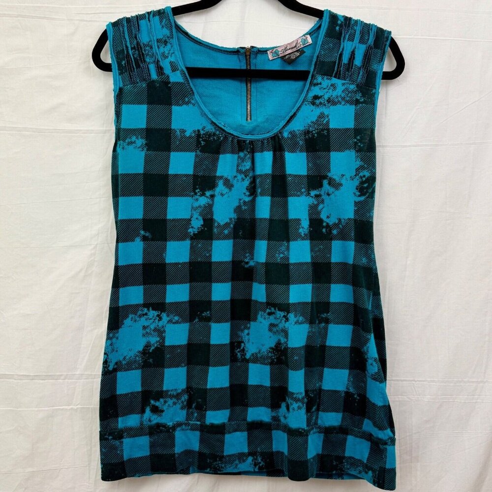 Scoop Neck 1/4 Zip Back Tank Women XL Blue Black Plaid Thread